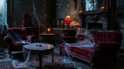 Naklejka premium Dark eerie antique living room at night with luxurious velvet furniture and chandelier, set in decayed, semi-ruined, abandoned atmosphere. Concept of haunted mansion, vintage, spooky house, Halloween