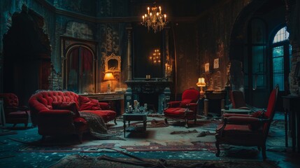 Dark eerie antique living room at night with luxurious velvet furniture and chandelier, set in decayed, semi-ruined, abandoned atmosphere. Concept of haunted mansion, vintage, spooky house, Halloween