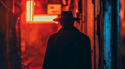 Detective silhouette in black trench coat and fedora against neon red lit alley at night. Concept of mystery, noir, crime investigation, urban night scene, retro style