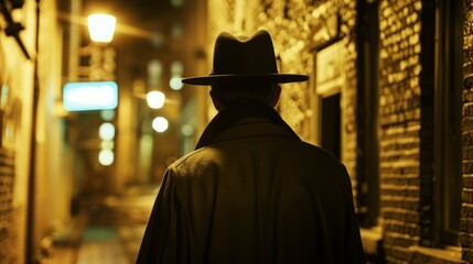 Detective silhouette in black trench coat and fedora against neon red lit alley at night. Concept of mystery, noir, crime investigation, urban night scene, retro style