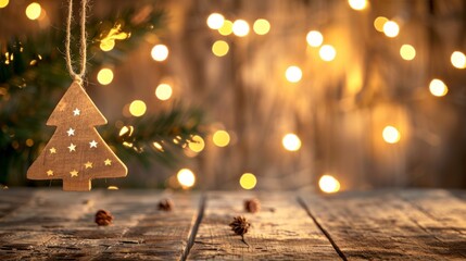 Rustic wooden Christmas tree ornament hanging from string decorated on pine branches and glowing fairy lights in background. Concept of festive holiday decor, winter celebration, DIY craft. Copy space