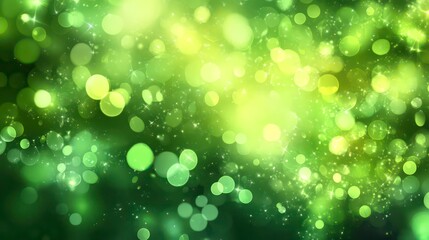 Abstract green and white bokeh background with sparkling lights.