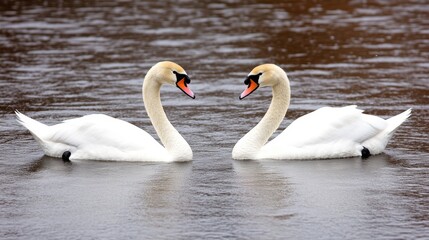 Obraz premium Two elegant swans glide through the tranquil waters of a pond, showcasing their beauty in a peaceful natural setting under clear skies