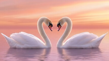 Two elegant swans glide through the tranquil waters of a pond, showcasing their beauty in a peaceful natural setting under clear skies