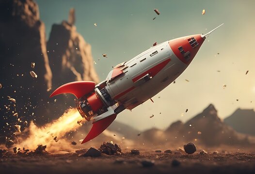 retro rocket ground toy back illustration crashing bits breaking d crash broken spaceship vintage cartoon fun space issue three-dimensional mission startup problem