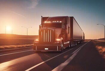 track truck sunrise makes motorway car ai sunset cargo international transportation generative delivery logistic vehicle freight highway transport road trailer