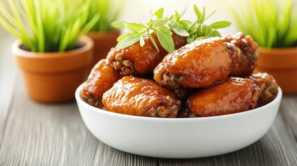 A plate of spicy chicken wings garnished with parsley, ready to be enjoyed at a lively summer barbecue