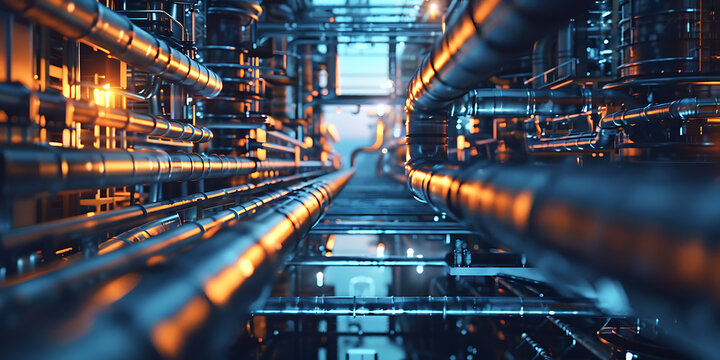 Industrial pipes in blue and orange tones, showcasing a futuristic and abstract concept of technology and progress. 

