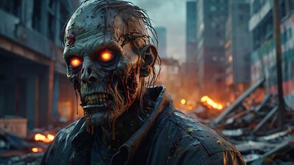 Fototapeta premium Scary zombie man on the background of the city, zombie Apocalypse. Halloween concept