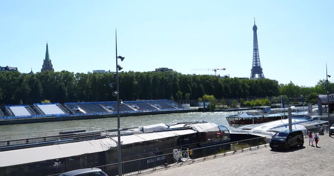 Paris, France -  August 5, 2024: Some seats along the Seine river during the Olympic games.