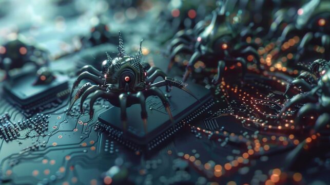 Small cyber-viruses or bugs are nibbling away at the computer microchip. Viruses on PC. AI generative.