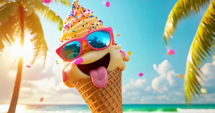 Lively animated ice cream cone wearing sunglasses at a sunny beach, colorful sprinkles falling around. concept of summer fun and sweet treats.