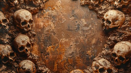 Grunge horror texture of human skulls framed against worn rusty backdrop