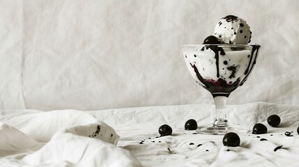   Two scoops of ice cream sit in a glass on a table surrounded by black and white candies