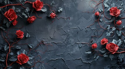 Red roses and vines on dark charcoal concrete wall