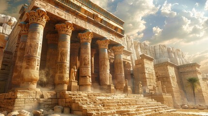 Obraz premium Ancient stone temple featuring hieroglyphs under dramatic skies