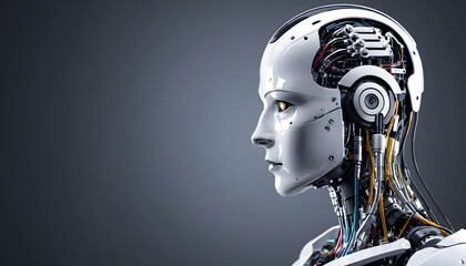 Artificial intelligence robot working at computer in office. IT team, Humanoid support center, Futuristic worker, Work at call center. Generative AI