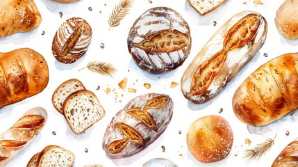 Watercolor flat lay of various artisan breads on a white background