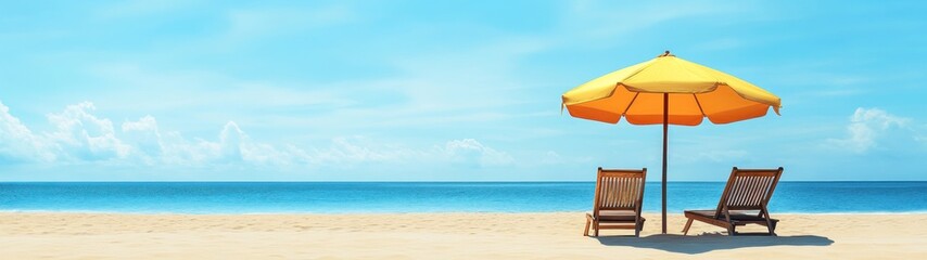 Two Beach Chairs and a Yellow Umbrella on a Sandy Beach