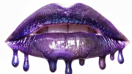 Dripping chrome lipstick on glossy lips with shimmering effects