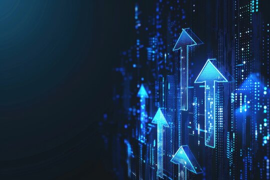 Blue arrow up and down icon with digital background, business growth concept, stock market or online trading illustration Generative AI