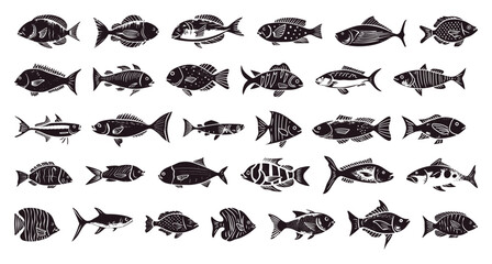Sea Fishes Linocut Print Style Icons Set Neat Thick Strokes and Shapes Black on White Background Marine Fish Species Ocean Life Illustrations Aquatic Creatures