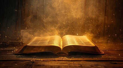 Open bible of hebrews glowing on wooden surface surrounded by soft light