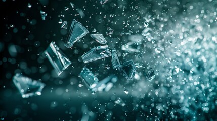 Naklejka premium Shattered glass fragments in abstract green light with sparkling dust