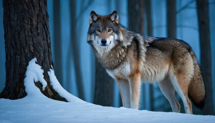 Obraz premium In a winter wonderland, a wolf pauses beside a snow-covered tree, its alert expression and pristine surroundings highlighting the untamed beauty of nature