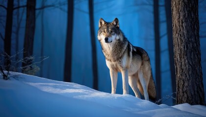 Naklejka premium In a winter wonderland, a wolf pauses beside a snow-covered tree, its alert expression and pristine surroundings highlighting the untamed beauty of nature