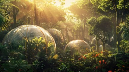 Obraz premium Dense forest with large bio-domes and advanced carbon reduction plants, connected by transparent tubes, lush greenery, vibrant flowers. Reducing heat and carbon dioxide