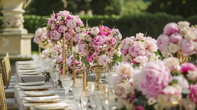 Wedding decoration with peonies, floral decor and event celebration, peony flowers and wedding ceremony in the garden, English country style idea
