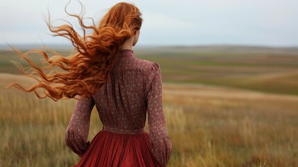 Red-haired woman in historical dress stands in field on a breezy day