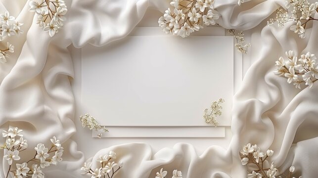 Elegant golden frame surrounds blank card on satin with delicate floral accents
