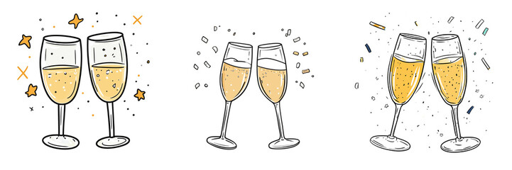 Clipart. Two champagne glasses clinking with champagne sparklers. Transparent background