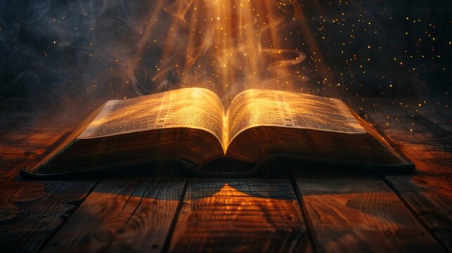 Glowing bible open to philippians on wooden surface with soft light