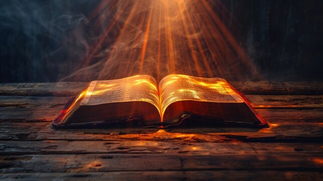 Open bible glows brightly on wood surface with rays of light