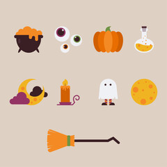 Set of hand drawn halloween vector icons on background. Collection of elements in flat simple style. Cute decorative symbols and objects. Adorable halloween festival elements for decoration, prints