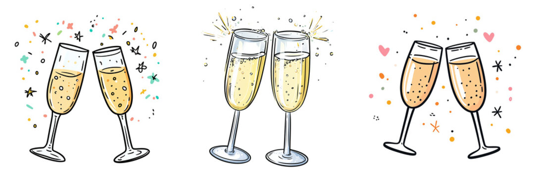 Clipart. Two Champagne Glasses Clinking With Champagne Sparklers. Transparent Background