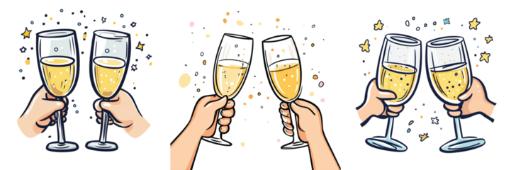 Clipart. Hands holding two champagne glasses clinking with champagne sparklers. Transparent background