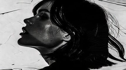 Fototapeta premium A monochrome image of a female with hair billowing in the breeze