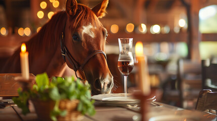 A curious brown horse with a white star on its forehead peers at a glass of red wine on a rustic table, creating a whimsical and charming scene. 