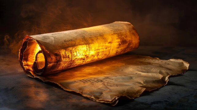 Glowing open scroll parchment revealing ancient text in mysterious setting