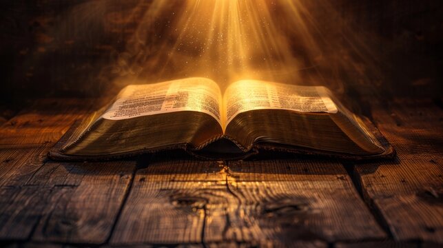 Open glowing bible of philippians on wooden table with radiant light