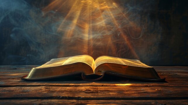 Glowing bible open to malachi on wooden surface with rays of light