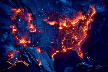 A captivating satellite image of the United States at night, highlighting major cities and highways. The enhanced colors showcase urban lights and geographical features.