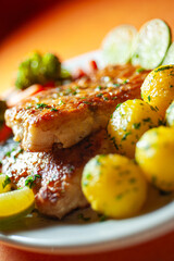 fish fillet with vegetables and boiled soute potatoes.