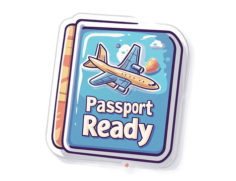A blue and white sticker a an passaport  that says "Passport Ready" with airplane ilustration on it.