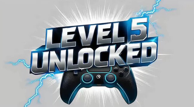 Black and white controller in motion, with the words LEVEL 5 UNLOCKED and a blue explosion effect in the background.