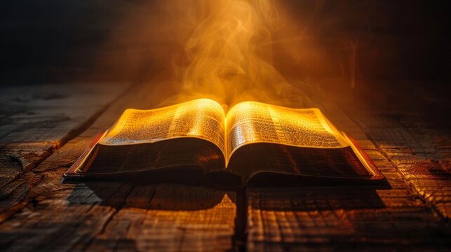 Glowing open bible of isaiah on wooden surface with rays of light
